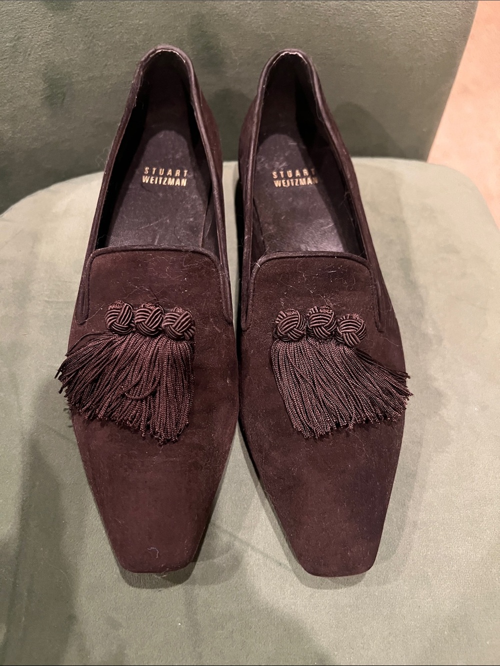 Stuart Weitzman Dark Brown Suede Tassel Slip-On Loafers